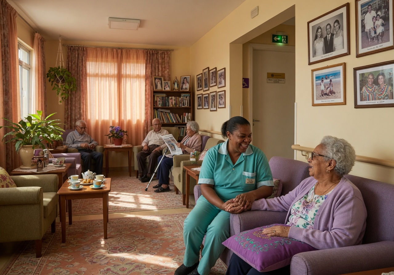 Cuidadora conversando com idosa na sala de convivência de uma ILPI, ambiente acolhedor e institucional